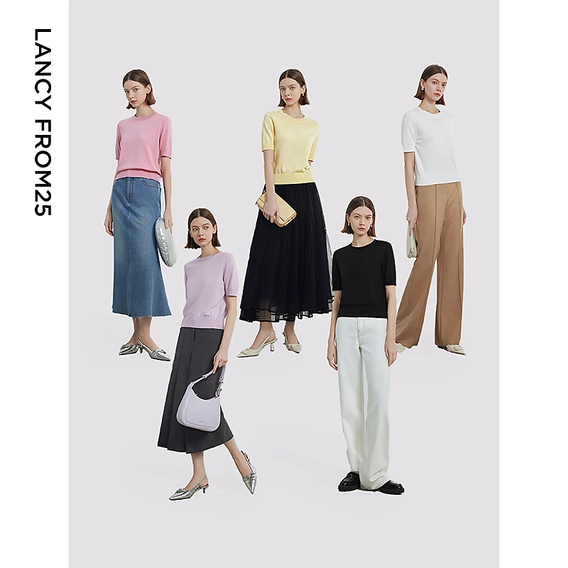 朗姿新品高级感气质显瘦圆领短袖上衣新款内搭通勤醋酸毛针