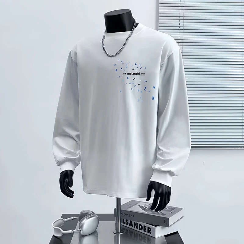 古梵沃秋季重磅纯棉长袖T恤宽松潮流时尚印花宽松圆领潮流长袖T恤