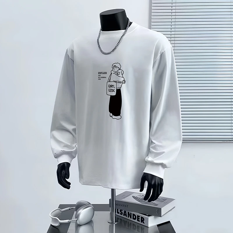 古梵沃【重磅纯棉】秋冬新款潮流宽松圆领休闲打底衫印花男长袖T恤