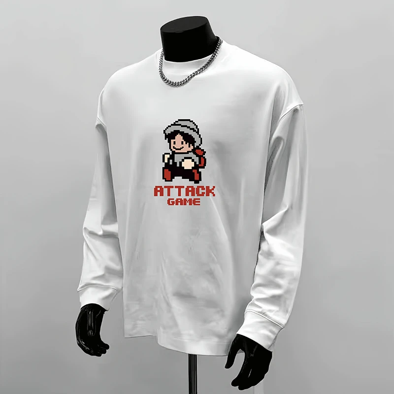 古梵沃【重磅纯棉】秋冬新款潮流宽松圆领休闲打底衫印花男长袖T恤