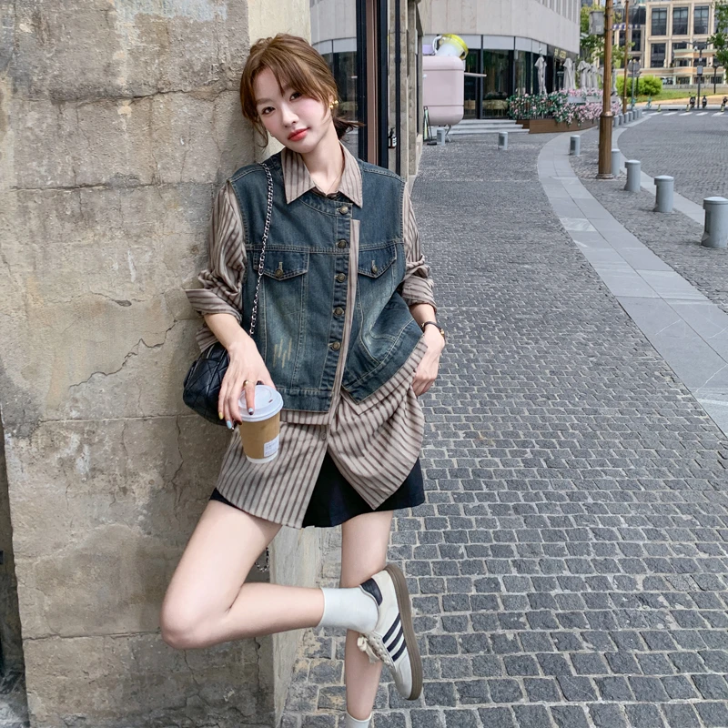 韩系时尚牛仔马甲条纹衬衫套装女小个子初秋新款一整套入秋穿搭潮
