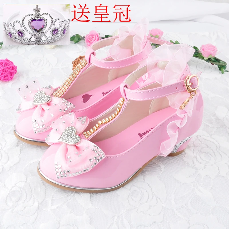 女童单鞋春秋季2023新款儿童高跟鞋公主水晶鞋皮鞋学生舞蹈皮鞋