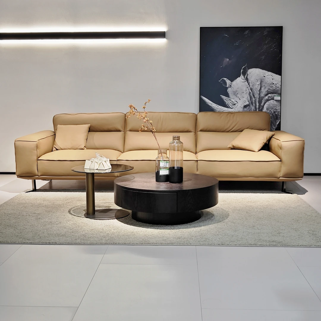 （新品）意式极简沙发小户型四人位皮沙发黄牛皮直排沙发 轻奢 皮艺