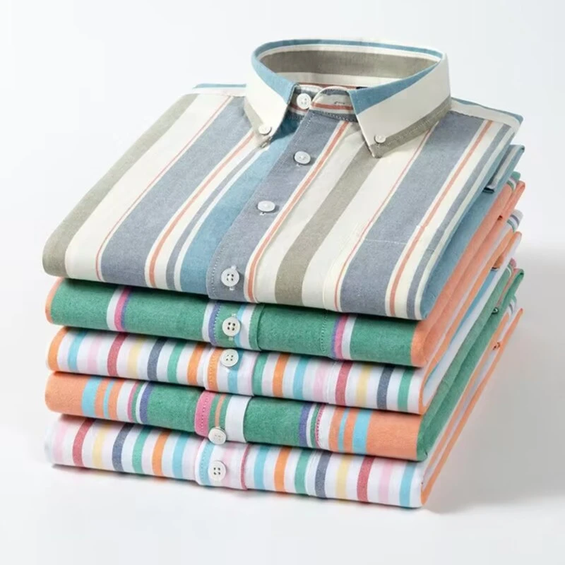 【纯棉100】新款男士中青年条纹全棉牛津纺休闲商务短袖衬衫日常