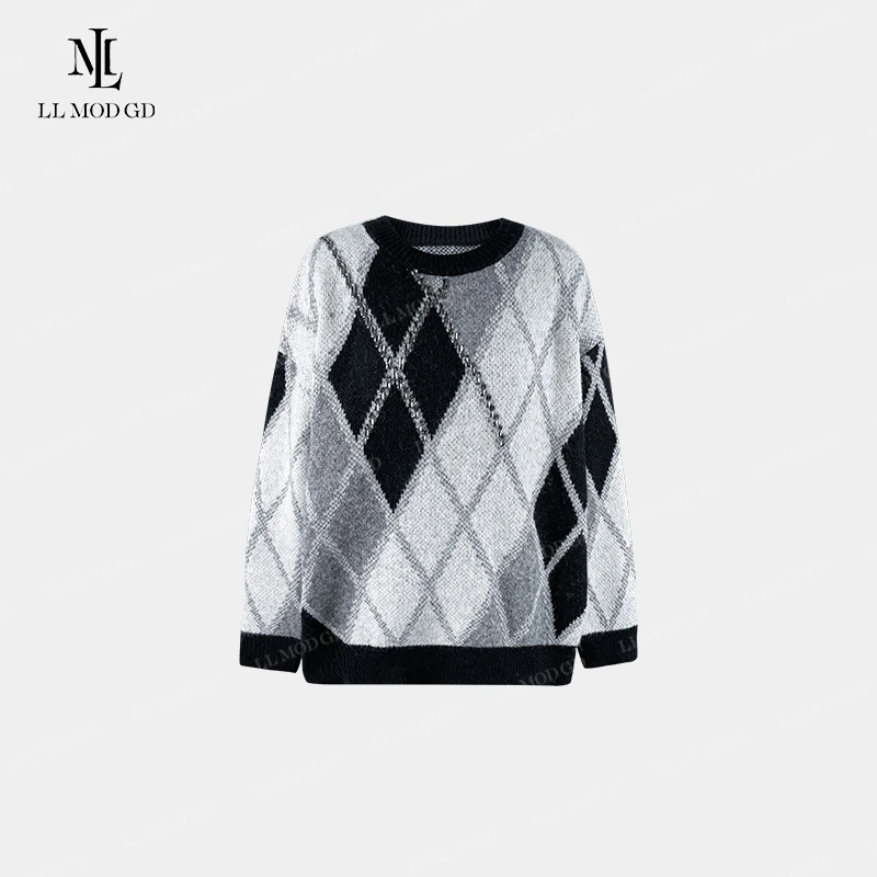 一抹暮蓝  针织衫2024秋季时尚撞色格子百搭套头上衣YLXR-254087