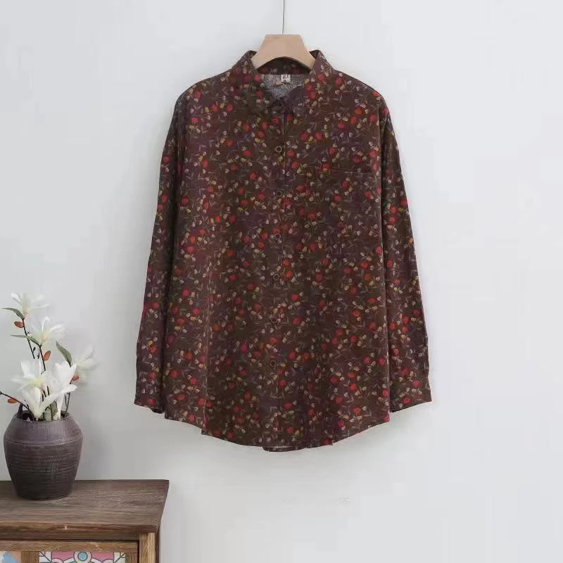 女装磨毛碎花长袖衬衫女士休闲复古