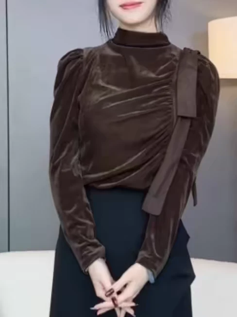 秋冬新款纯色丝绒T恤洋气时尚显瘦半高领设计感长袖打底衫上衣女