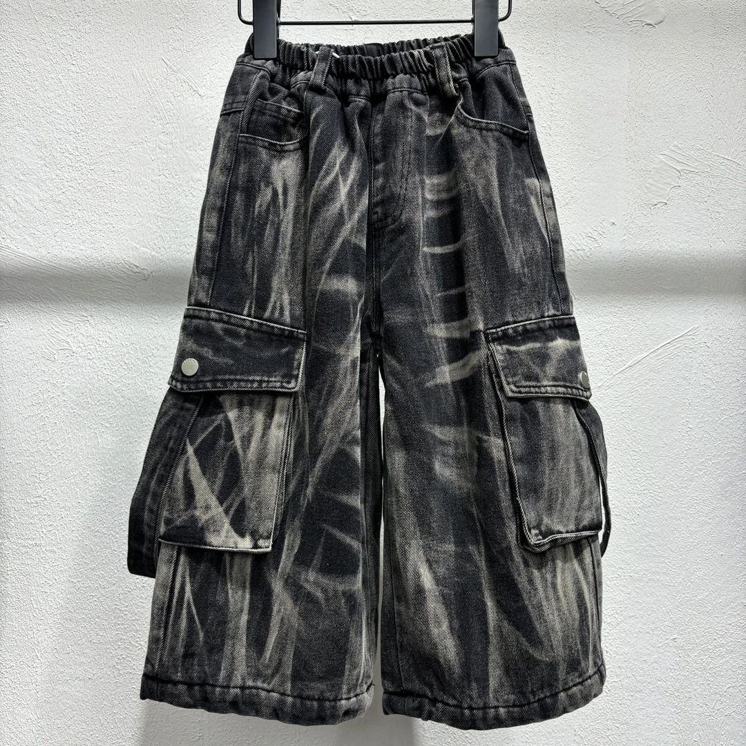 2024秋季新款韩版童裤男童扎染工装织带牛仔裤长裤美式裤子直筒