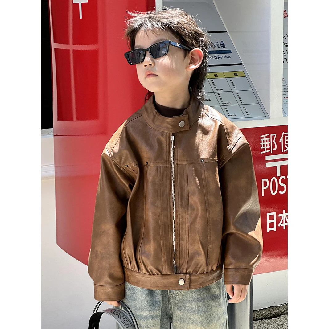 儿童皮衣2024秋冬新款男童韩版百搭纯色皮夹克女宝宝机车外套1136