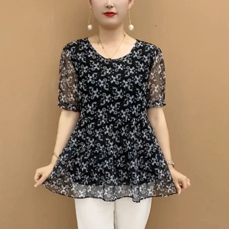 中老年妈妈装弹力网纱洋气裙摆小衫大码女装中长款网纱显瘦上衣夏