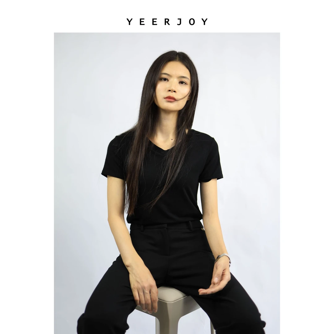 YEERJOY纯色莫代尔夏季修身显瘦V领正肩短袖t恤GCNV25001