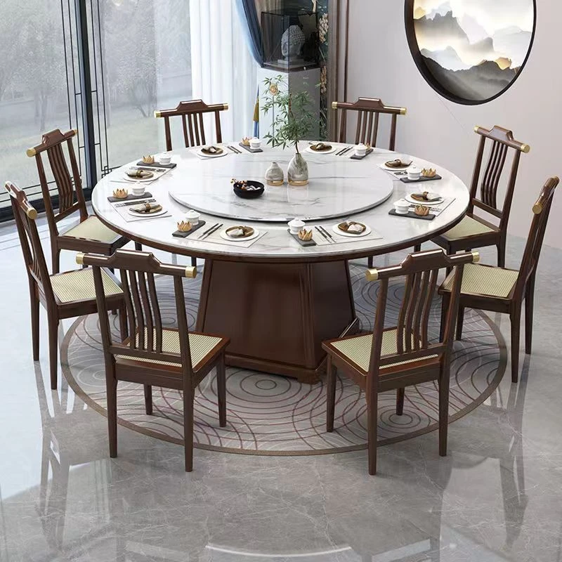 新中式岩板餐桌全实木圆餐桌酒店餐厅家用圆桌带转盘10人现代简约