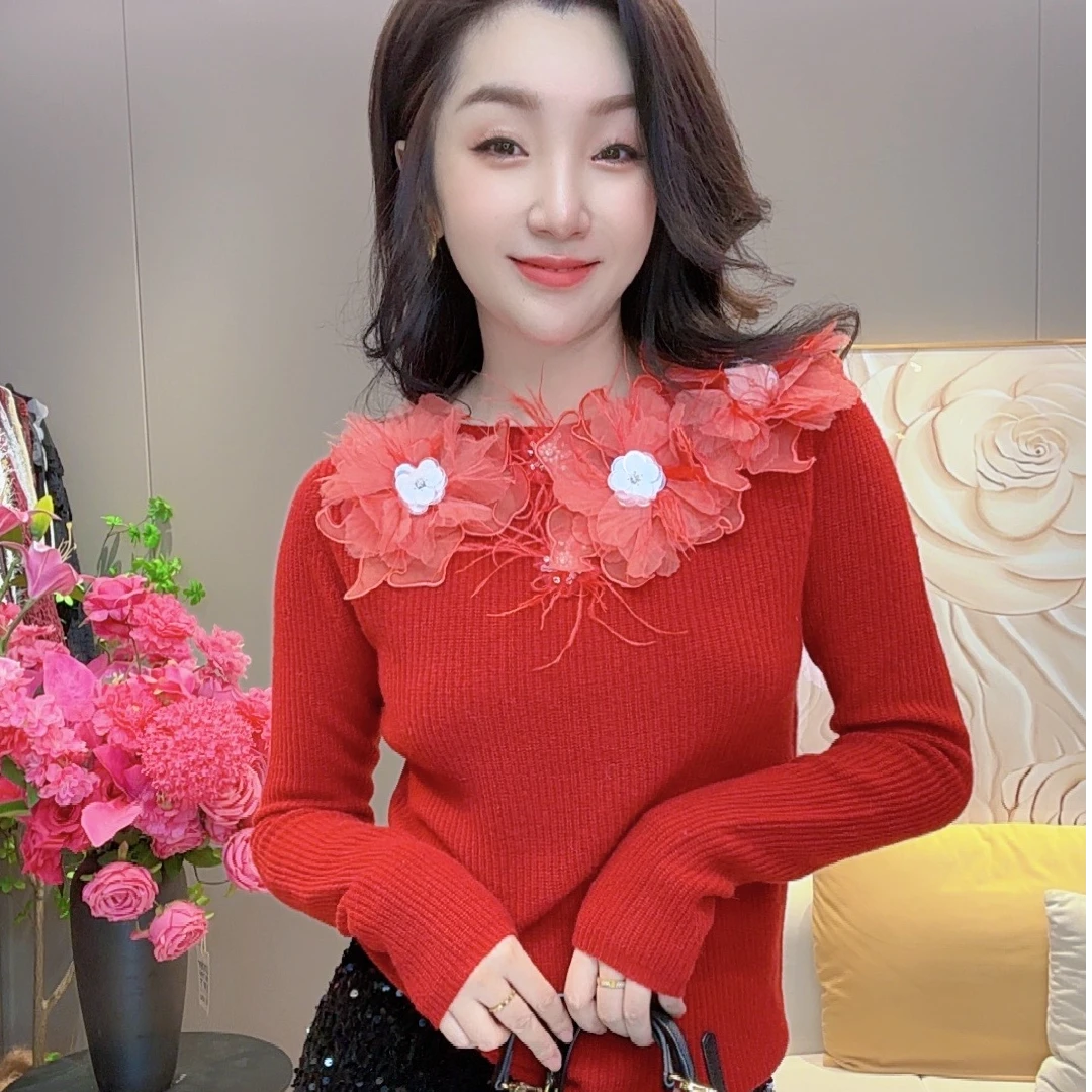 小满服饰【花卉美人】冬款唯美浪漫法式显瘦保暖手工花朵羊毛上衣