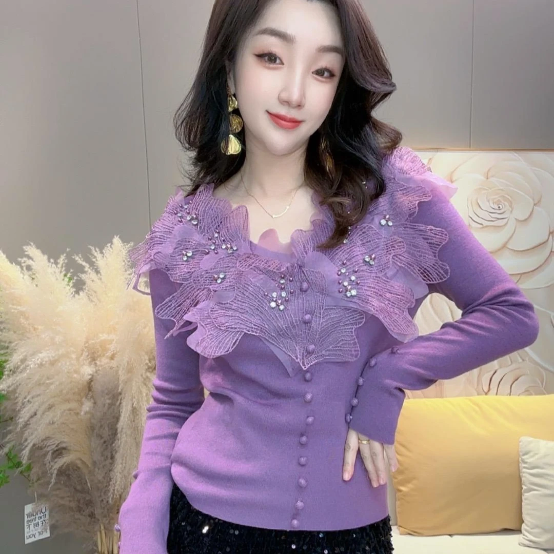 小满服饰【女人如花】冬款唯美浪漫法式百搭显瘦全手工花朵钉钻针织