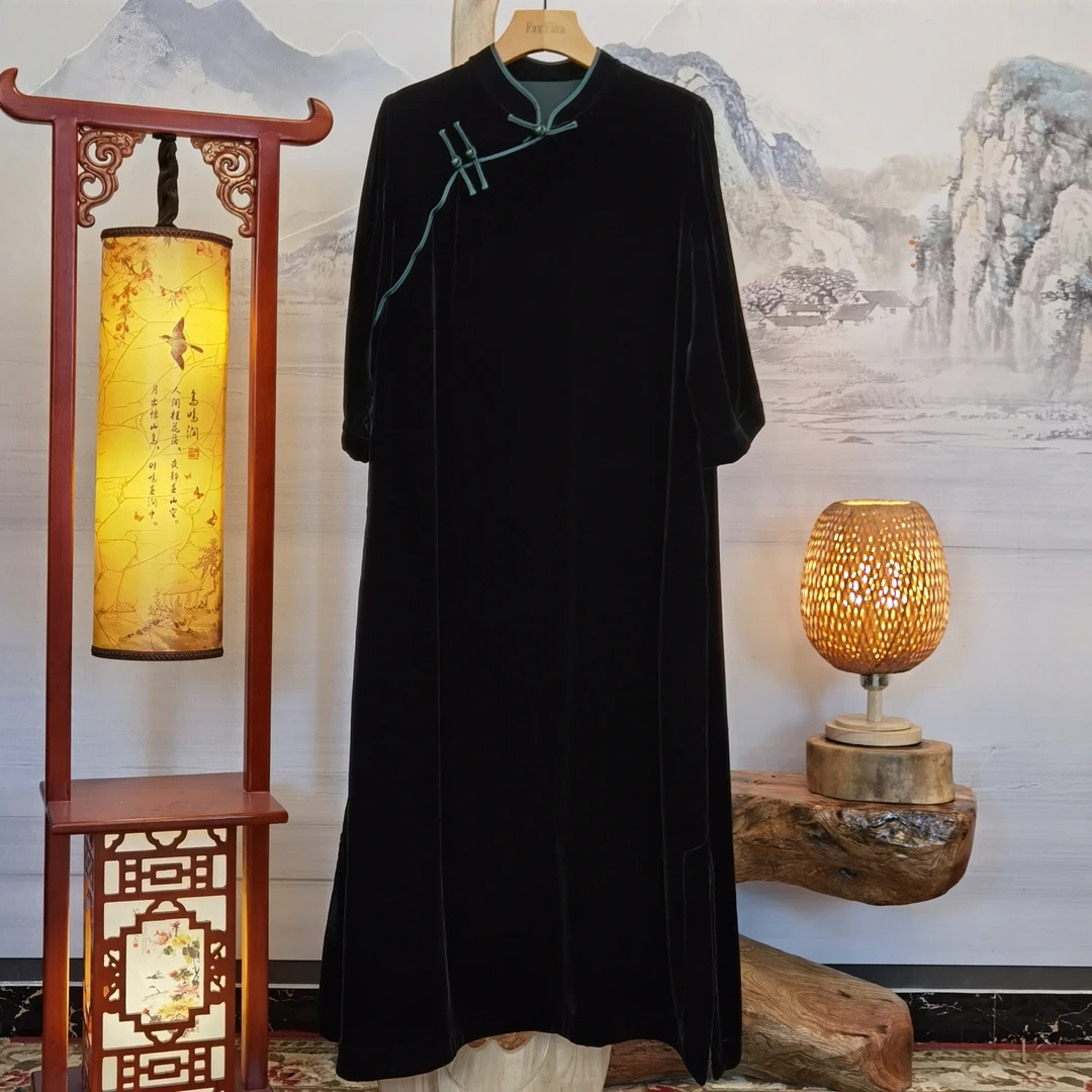 富美国风原创桑蚕丝连衣裙F8668墨绿色