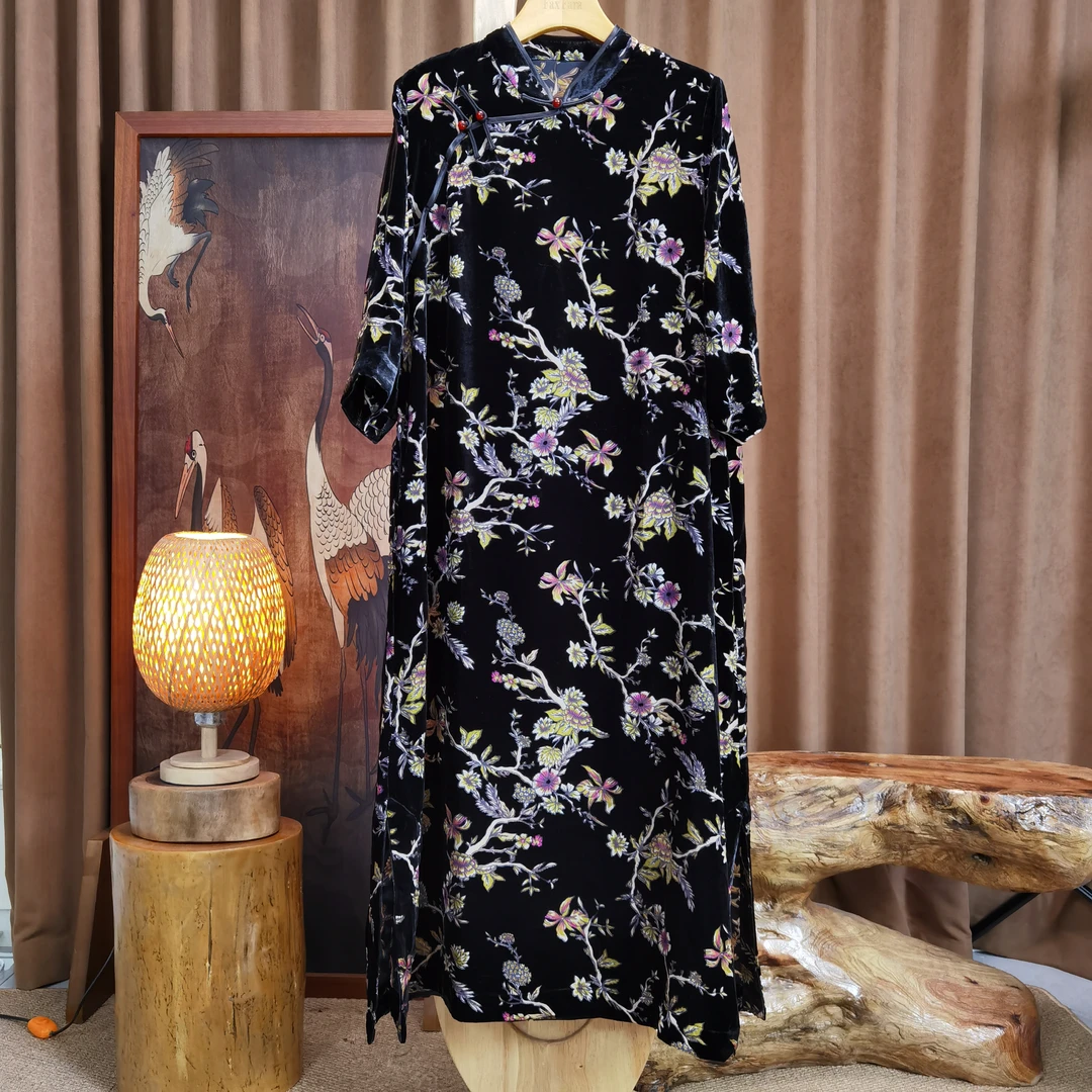 富美国风原创桑蚕丝连衣裙F3336透彩牡丹