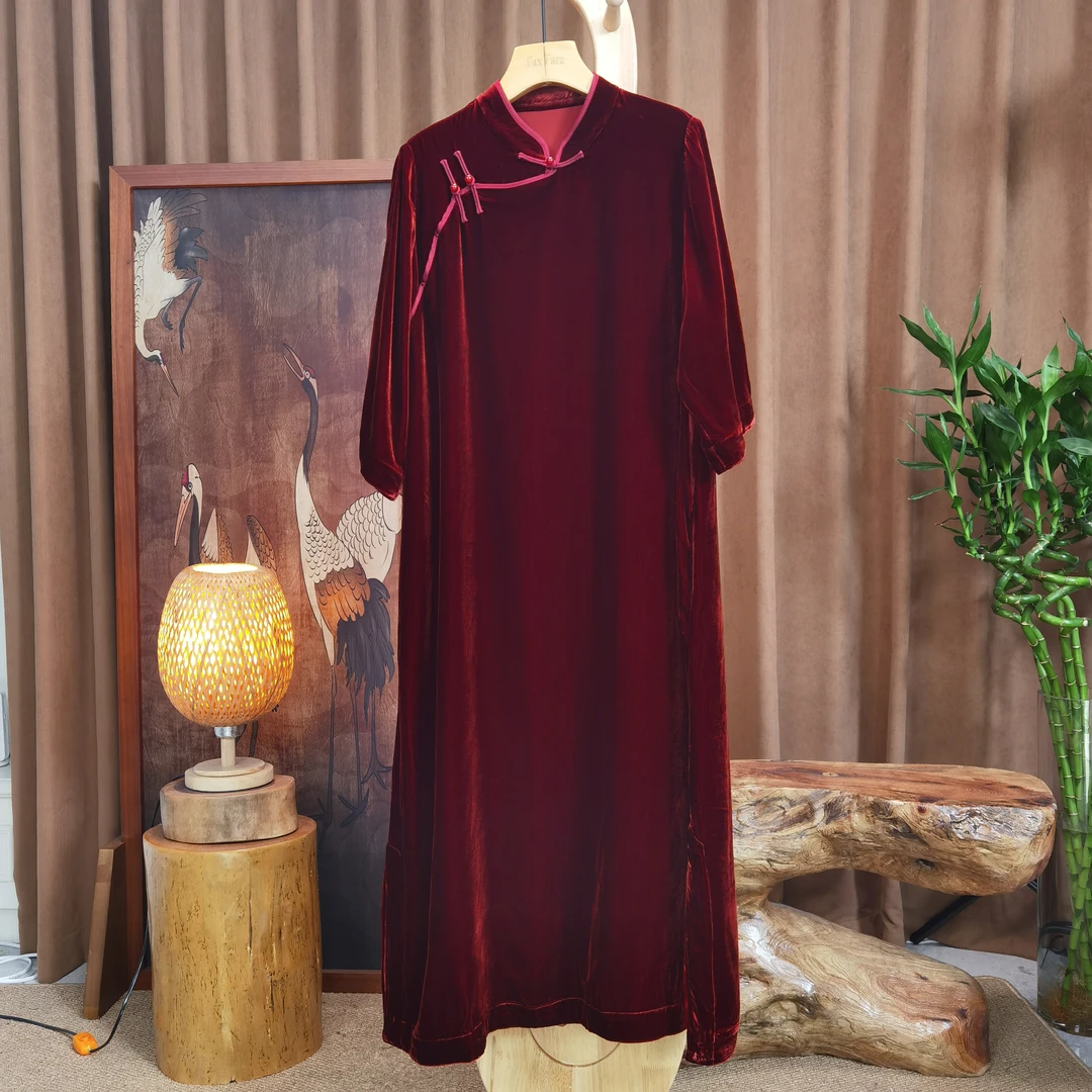 富美国风原创桑蚕丝连衣裙F9925酒红色