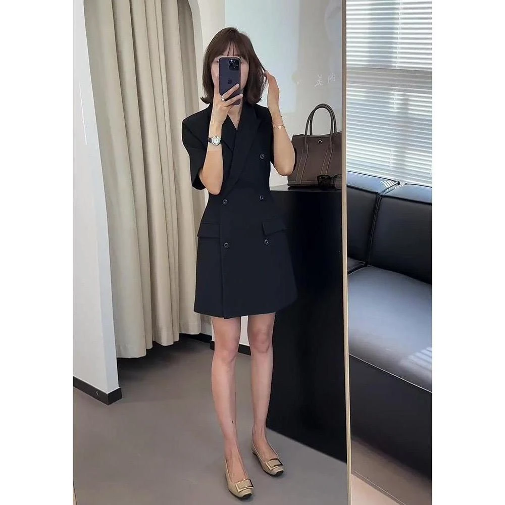 夏季女新款微胖显瘦小个子茶系穿搭小香风职业西装连衣裙子6116