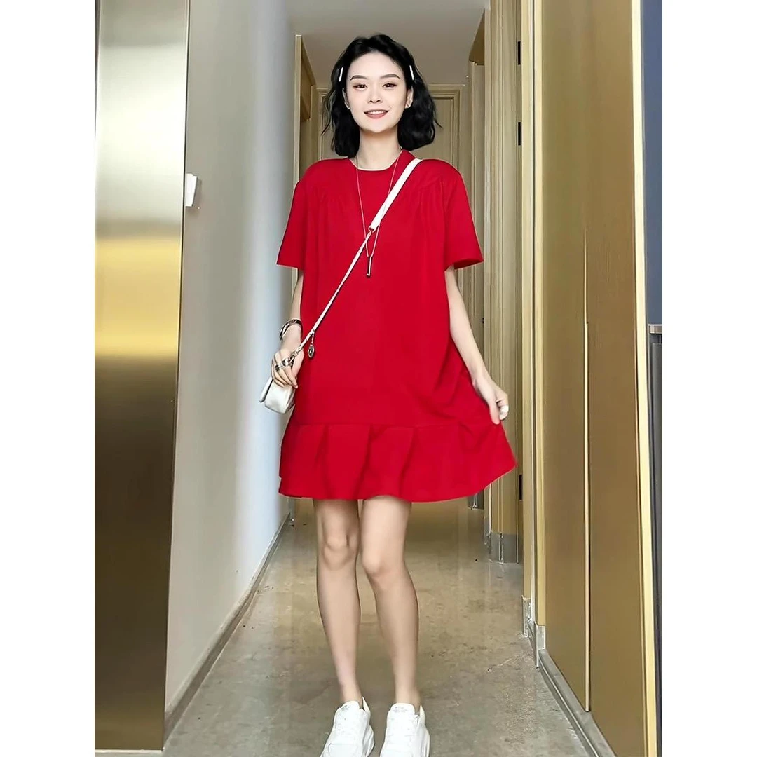 红色连衣裙女夏季新款高级感梨形身材遮肚子减龄显瘦遮肉裙子6119