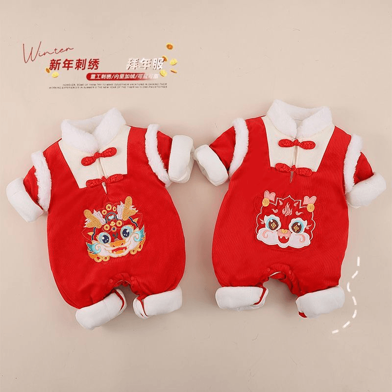 婴儿新年装拜年服红色冬加绒周岁礼服宝宝过年衣服喜庆冬装连体衣
