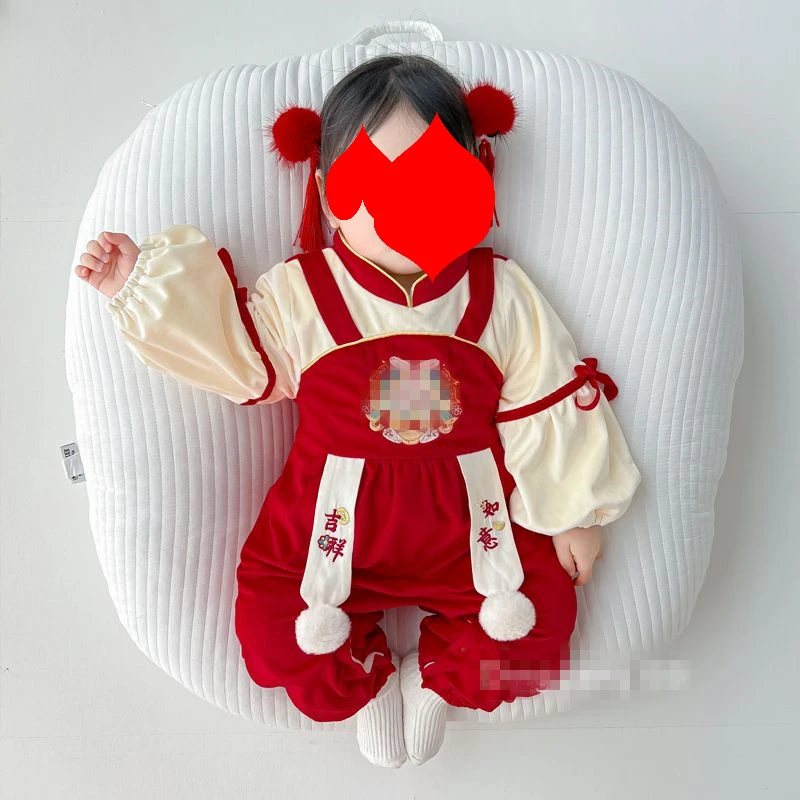 婴儿衣服秋冬加绒连体衣服宝宝红色喜庆百天周岁礼服保暖外出哈衣