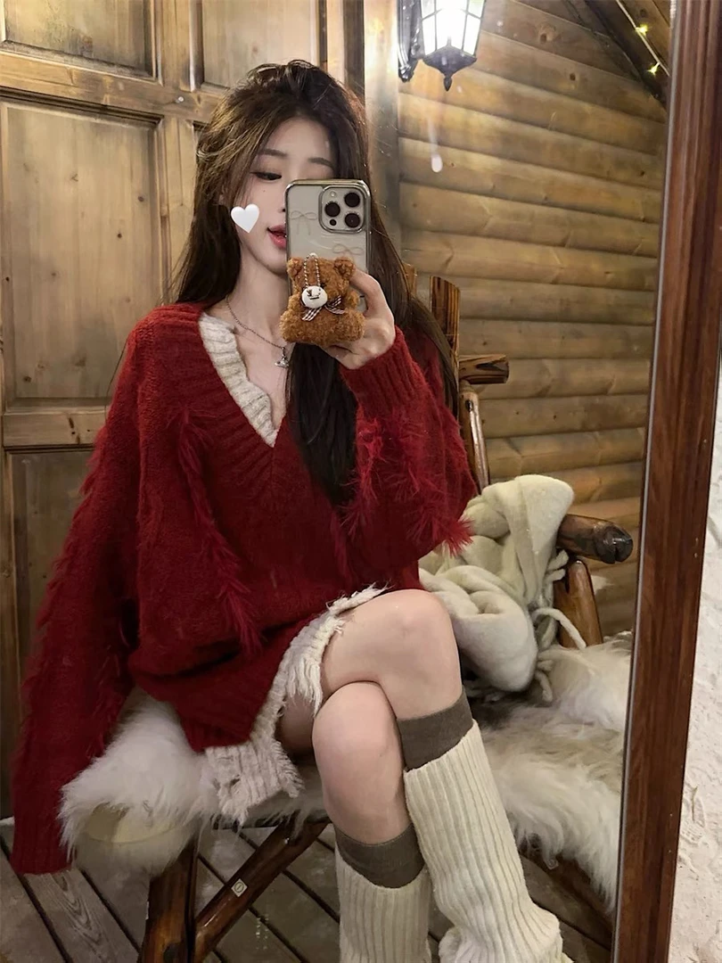 【浠儿姐姐专属】圣诞氛围感毛衣v领套头针织衫宽松休闲慵懒风上衣