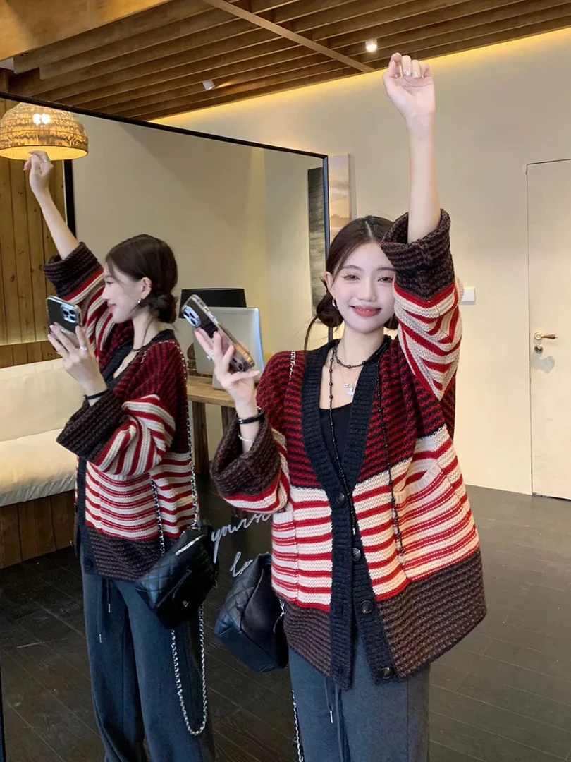 【浠儿专属】复古慵懒风安可拉红条纹针织宽松软糯加厚外搭开衫