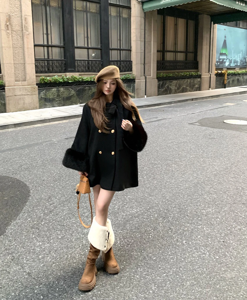 【浠儿姐姐专属】黑色大衣女冬季蝴蝶结千金毛呢外套