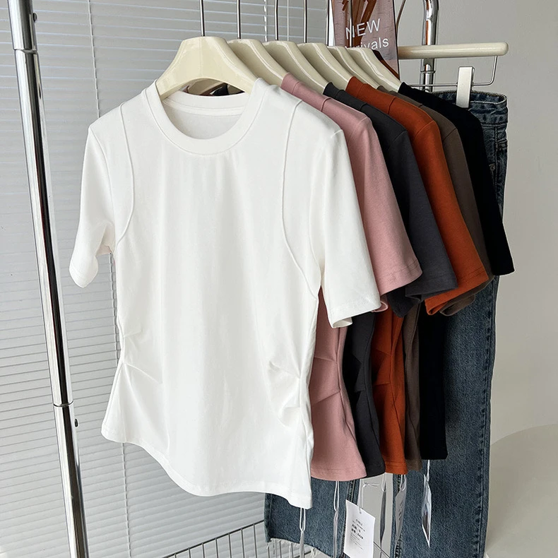 【小蛮腰】纯色简约双收腰显瘦短袖设计款T恤百搭宽松夏季上衣女
