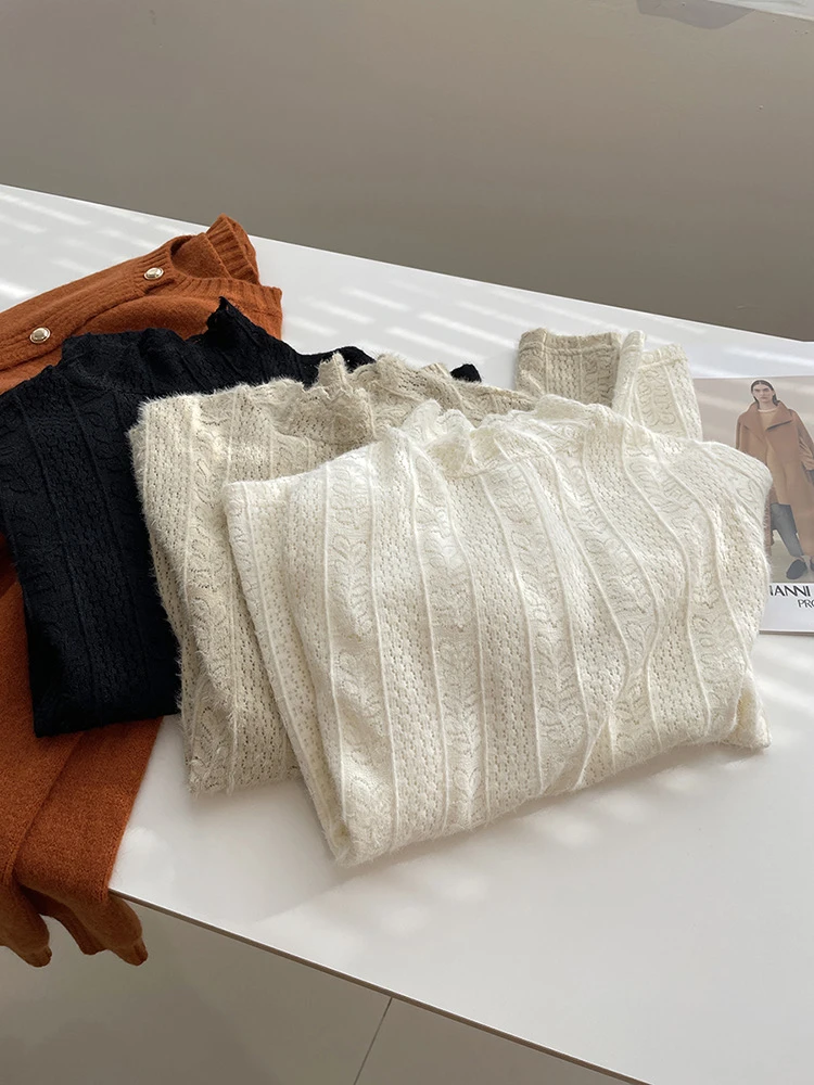 【柔软蕾丝】韩版气质简约软糯蕾丝花边打底衫洋气时尚针织长袖女