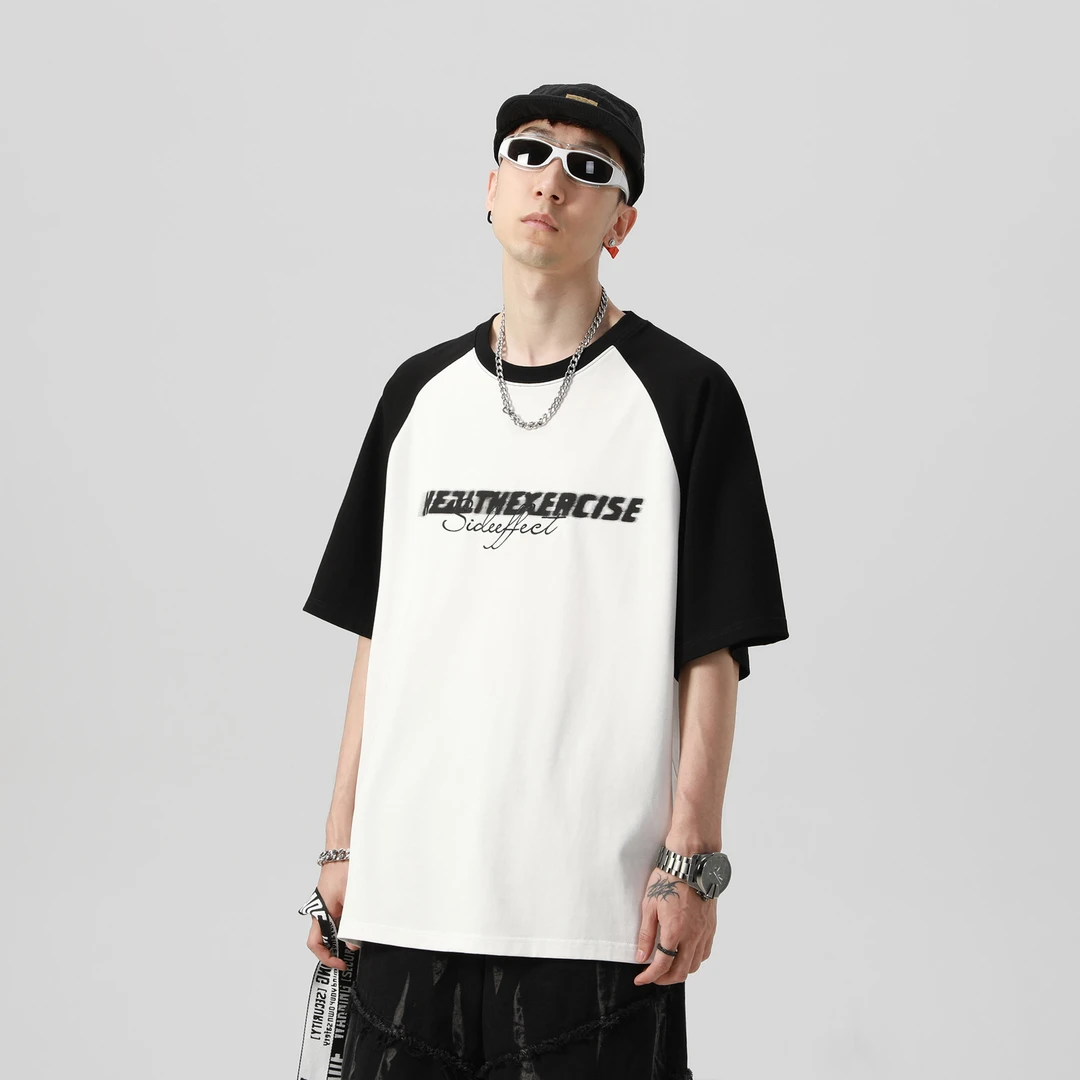 SID-YX4004 美式复古字母Logo印花拼接撞色插肩袖纯棉宽松短袖T恤