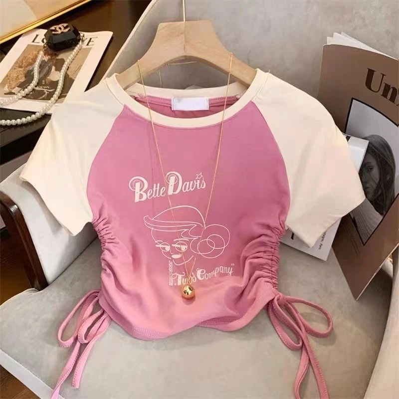 女童短款上衣2023夏装新款中大童儿童韩系抽绳收腰短袖T恤小衫潮