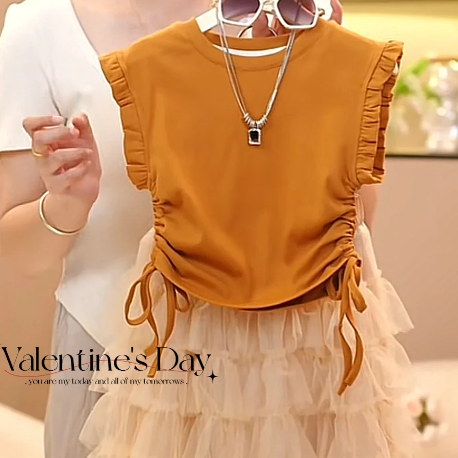 女童2025夏季新款纯色短袖T恤小女孩时尚圆领荷叶边抽绳百搭上衣