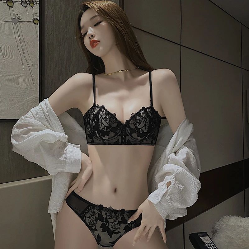 纯欲内衣女大胸显小超薄款兔耳杯缩胸上托防下垂性感惑文胸罩套装