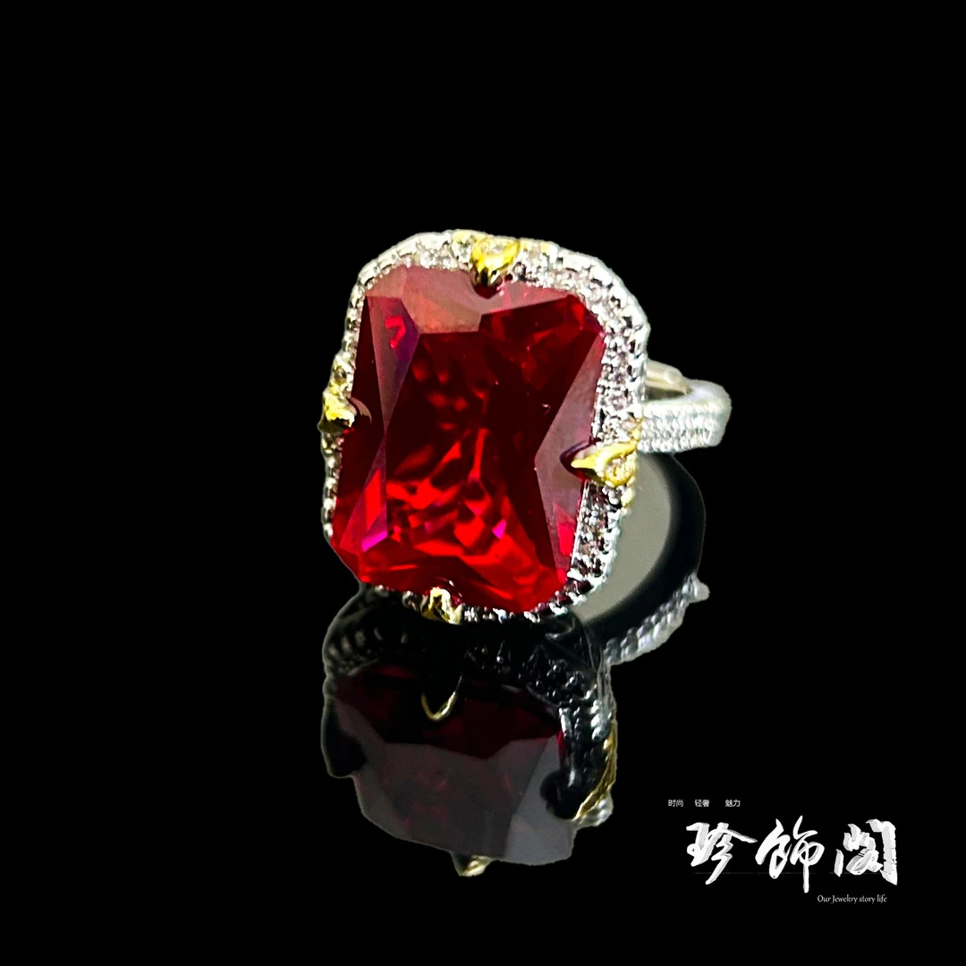 铜合金合成锆石戒指 红刚 方  开口戒指 气质 轻奢