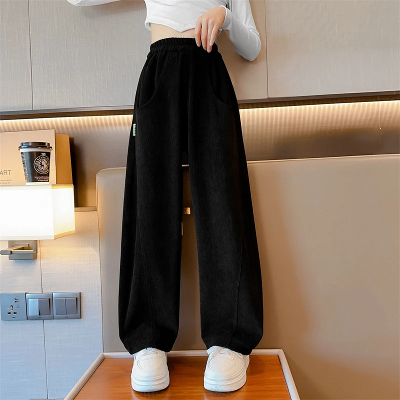 女童秋装条绒休闲裤6-12岁春秋大童女孩高腰垂感宽松气质直筒裤子
