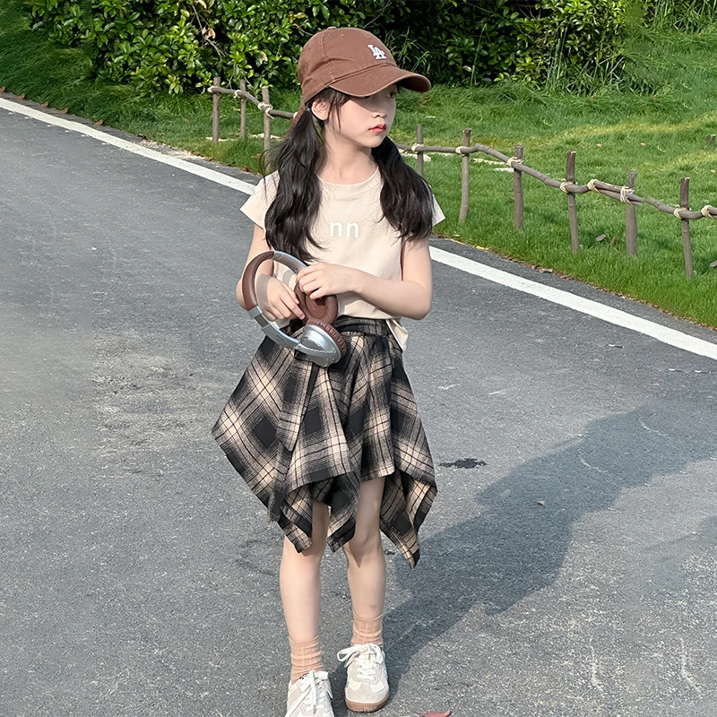 女大童韩系穿搭夏季2024新款裙子儿童女夏装格子裙女童装洋气套装
