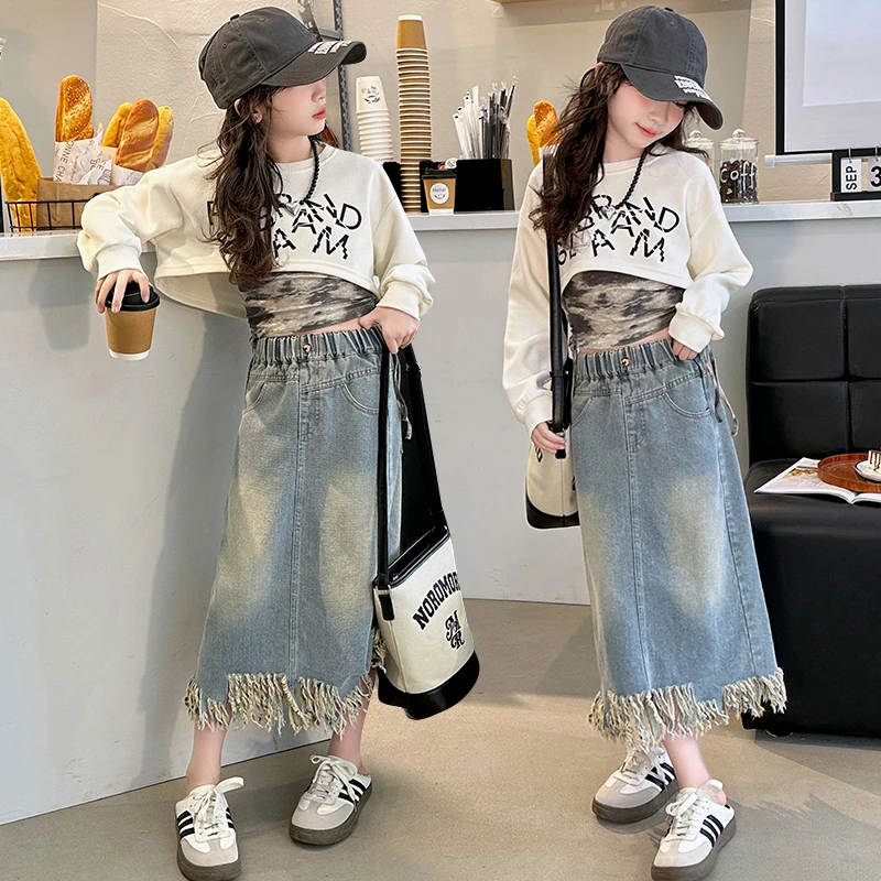 秋装女童时尚套装8-12岁15岁新款中大童女孩甜酷卫衣牛仔裙三件套
