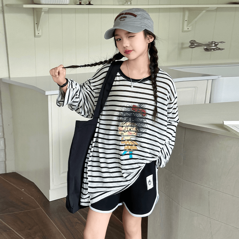 夏季女童超薄休闲条纹韩范短裤套装中大童女孩游玩两件套防晒长袖