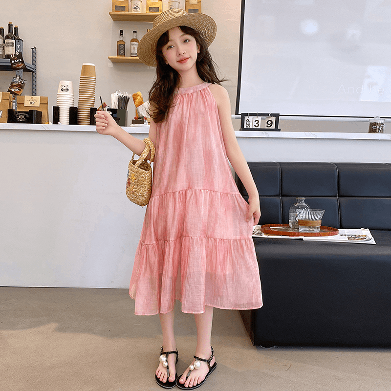 pumpkin mama/南瓜妈妈 女童吊带挂脖连衣裙新款甜美风大童女洋气大裙摆夏季拼接过膝长裙