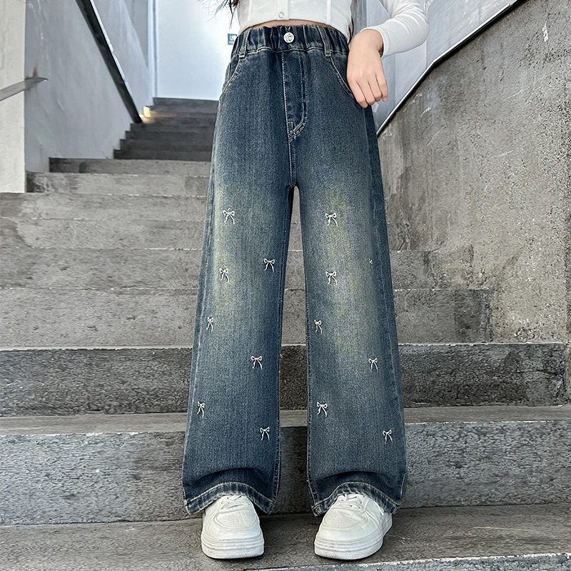 春装女童直筒牛仔裤显瘦12-15岁8春秋新款大童女孩阔腿裤宽松长裤