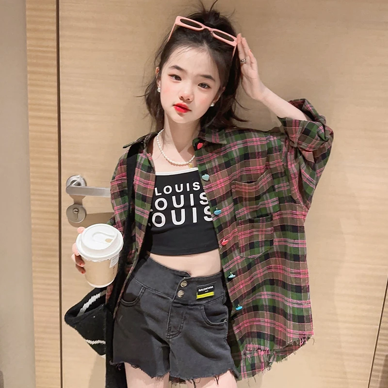 女童格子衬衫春秋韩版6-12岁15岁中大童女孩洋气衬衣长袖洋气秋装