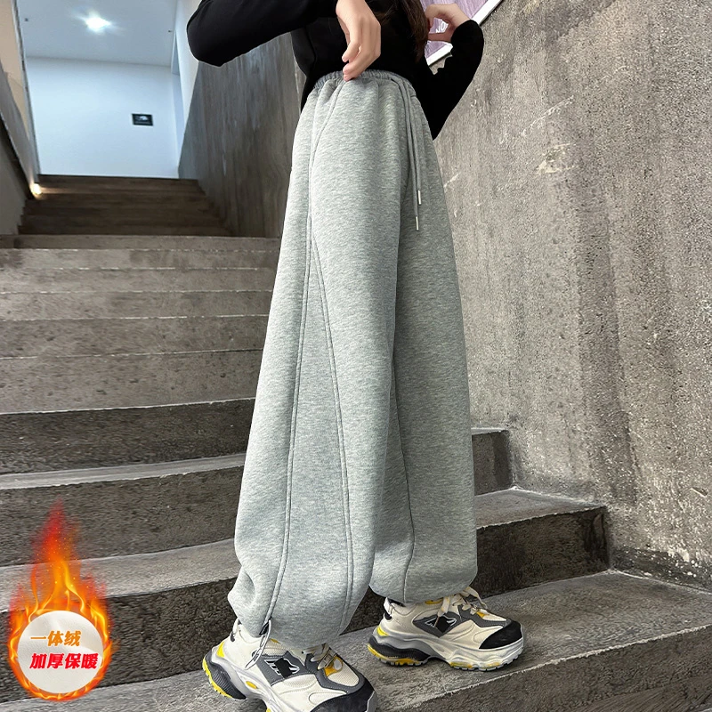 女童加绒裤子冬季可束脚羊羔绒直筒卫裤女孩中大童秋冬加厚运动裤