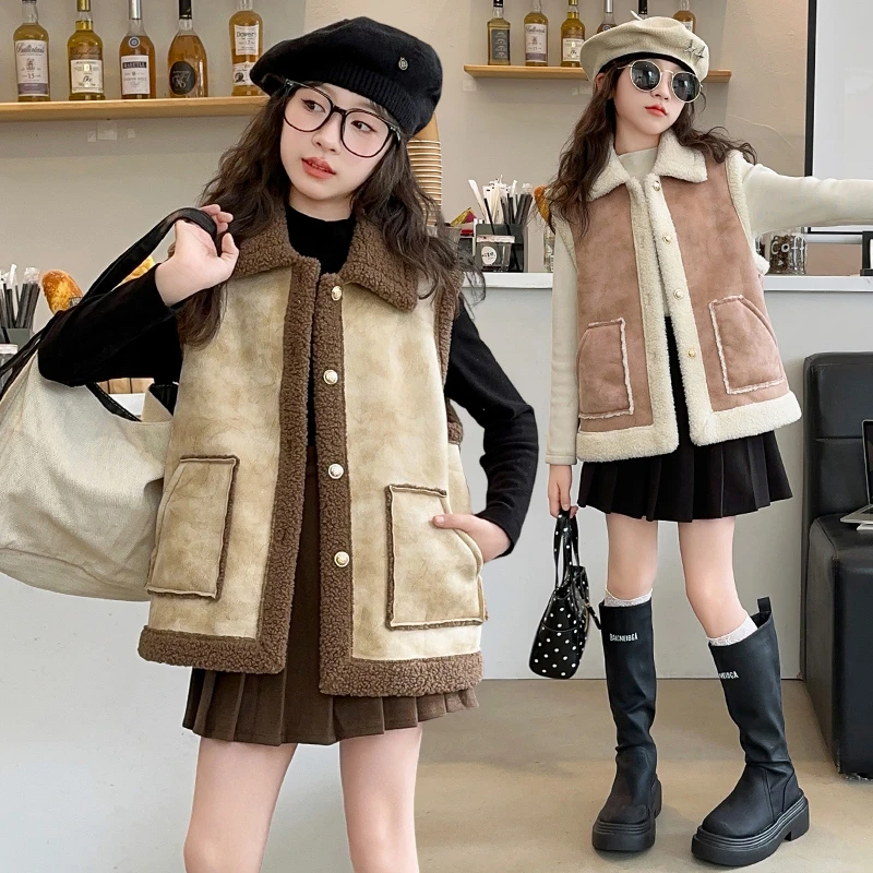 女童马甲羊羔绒秋冬2024新款儿童洋气加绒皮毛一体女大童冬装背心