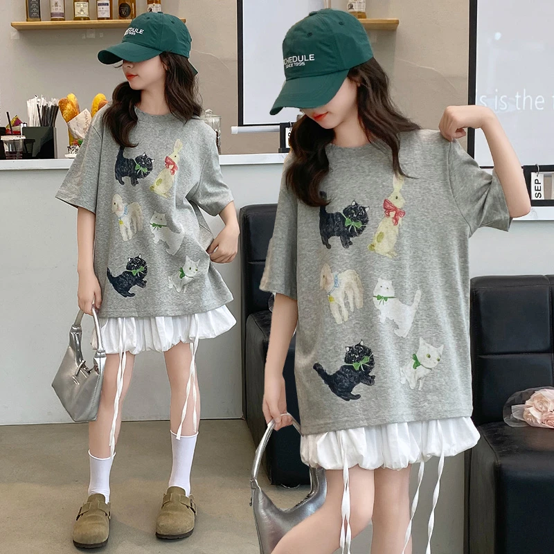 女童猫咪卡通中长款短袖t恤夏季时尚体恤大童女夏装宽松时髦上衣