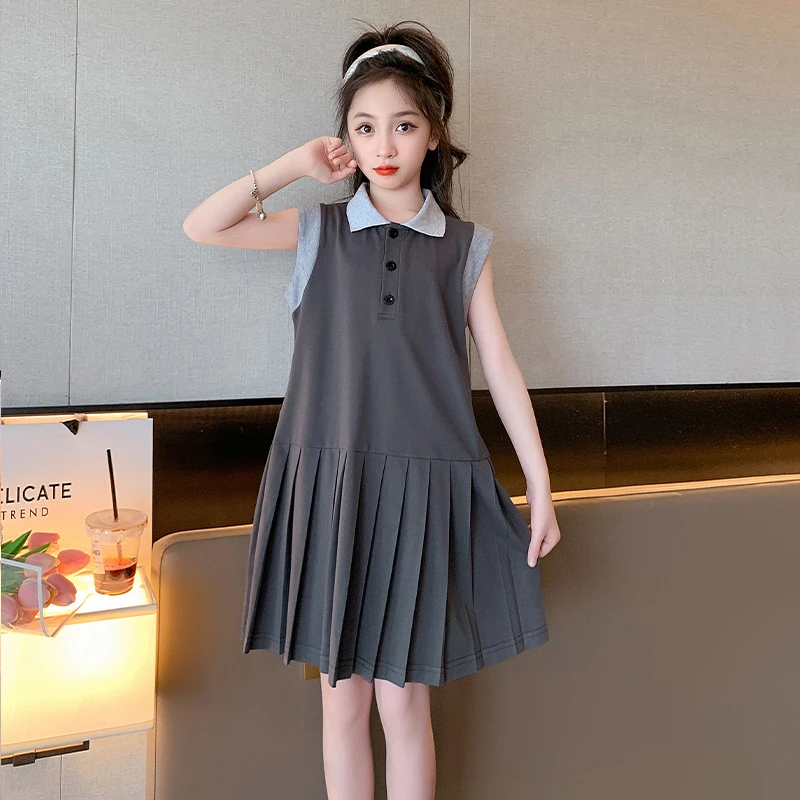 女童连衣裙夏季2024新款大童洋气夏装儿童polo百褶裙学院风JK裙子