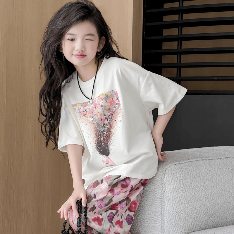 女童短袖t恤ins夏装新款6-12岁半袖上衣夏款大童女孩创意卡通体恤