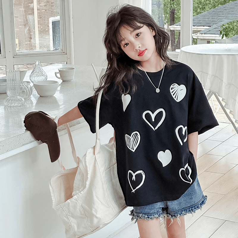 夏装女童短袖t恤新款夏季时尚爱心体恤大童女宽松T时髦上衣中长款