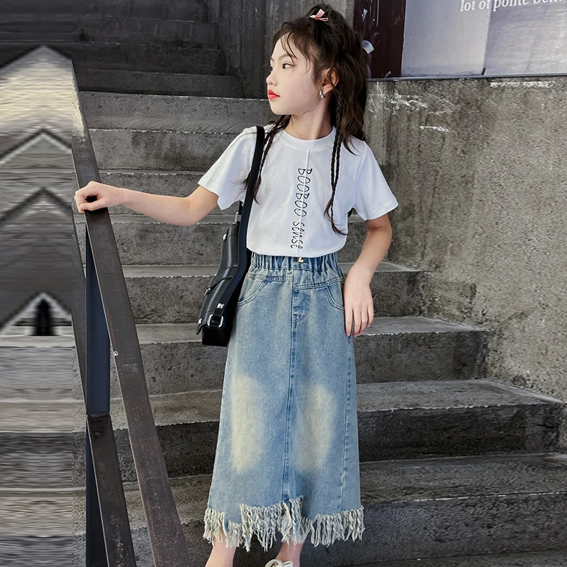 夏装女童流苏牛仔裙2024夏季6新款时髦12-15岁女大童半身裙子长裙