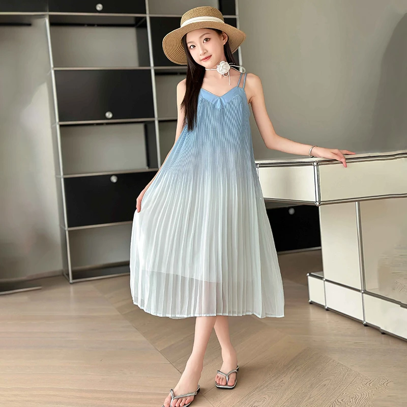 女童连衣裙8-15岁12新款夏季沙滩裙海边度假渐变吊带裙子女孩夏装